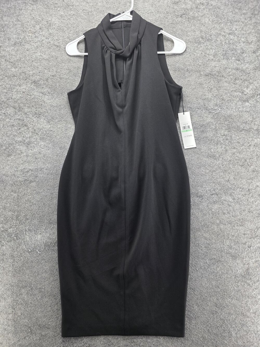 Calvin Klein Dress Womens 8 Black Sheath Pencil Midi High Neck Keyhole Zipper